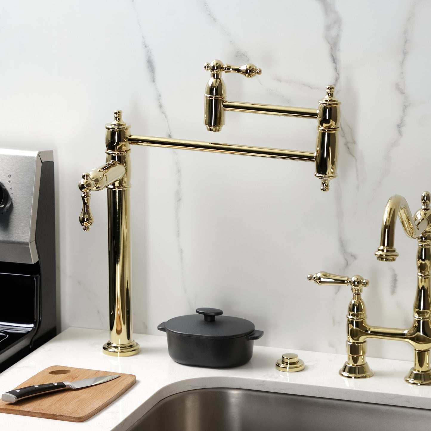 Kingston Brass KS3703AL Restoration Deck Mount Pot Filler Faucet, Antique Brass in kitchen setting with stove and cutlery.