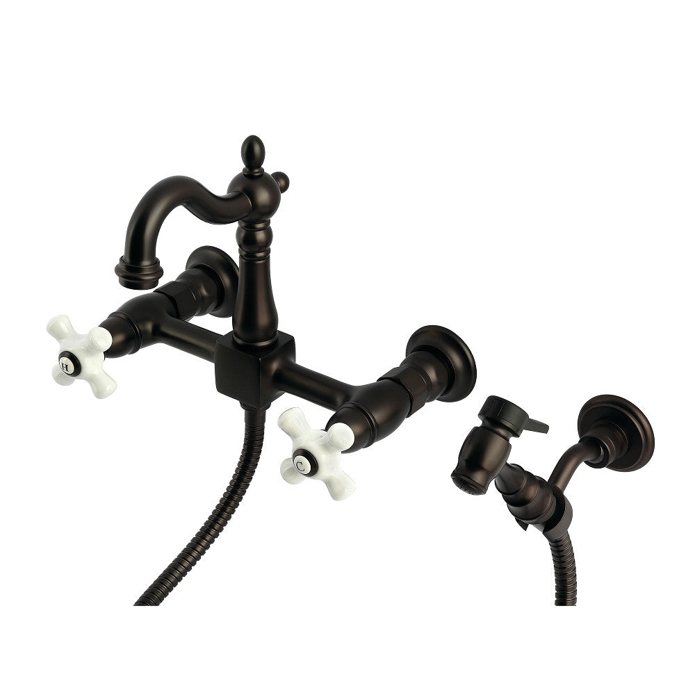Kingston KS2443PXBS Heritage Two-Handle Wall Mount Bridge Kitchen Faucet with Brass Sprayer, Antique Brass in oil rubbed bronze finish