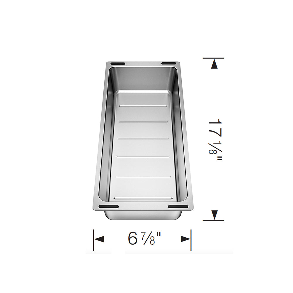BLANCO Quatrus Ergon Colander top view showing dimensions, 6⅞" x 7⅞" x 4" made of stainless steel.
