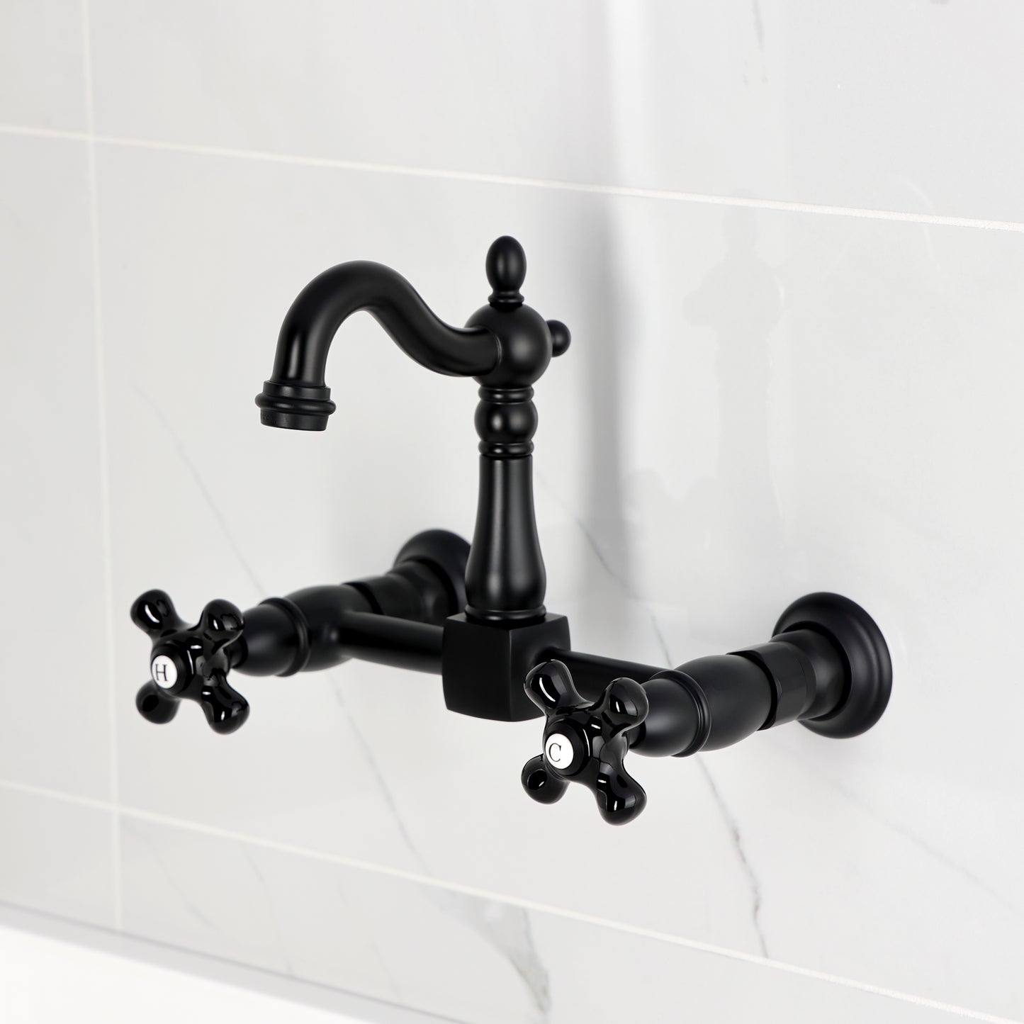 Kingston KS2443PKX Duchess Two-Handle Wall Mount Bridge Kitchen Faucet, Antique Brass in stylish black finish