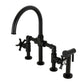 Kingston KS2333NX Hamilton Industrial Style Bridge Kitchen Faucet with Brass Sprayer, Antique Brass in Matte Black finish.