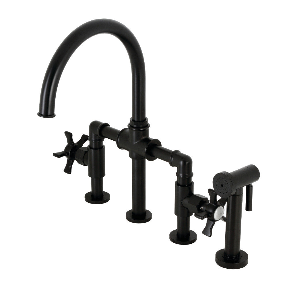 Kingston KS2333NX Hamilton Industrial Style Bridge Kitchen Faucet with Brass Sprayer, Antique Brass in Matte Black finish.