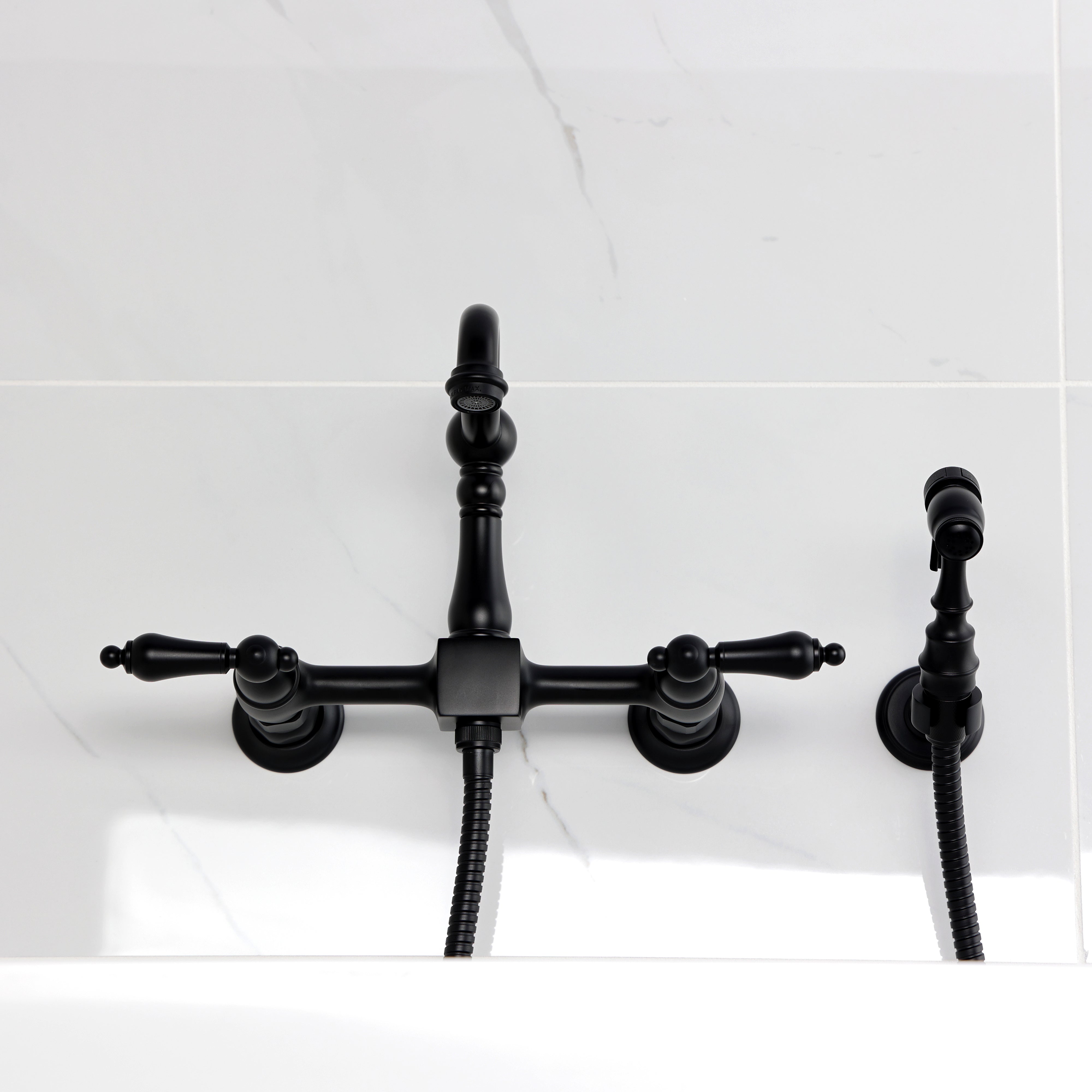 Kingston KS2443ALBS Heritage Two-Handle Wall Mount Bridge Kitchen Faucet with Brass Sprayer, Antique Brass