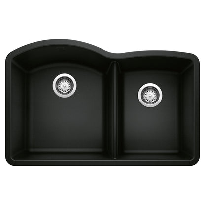 BLANCO Diamond SILGRANIT 32" 60/40 Double Bowl Undermount Kitchen Sink in black with asymmetrical bowl design.