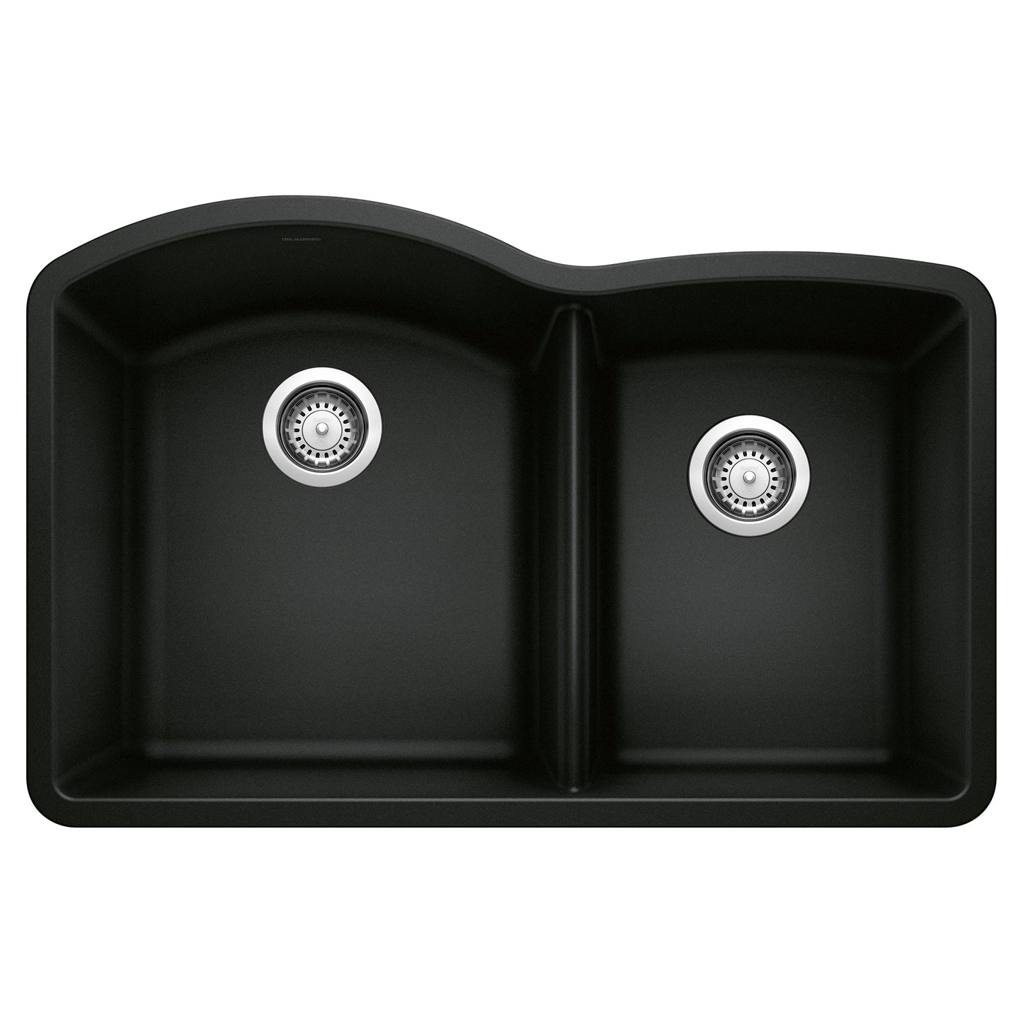 BLANCO Diamond SILGRANIT 32" 60/40 Double Bowl Undermount Kitchen Sink in black with asymmetrical bowl design.