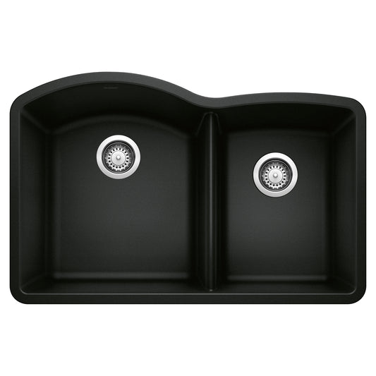 BLANCO Diamond SILGRANIT 32" 60/40 Double Bowl Undermount Kitchen Sink in black with asymmetrical bowl design.