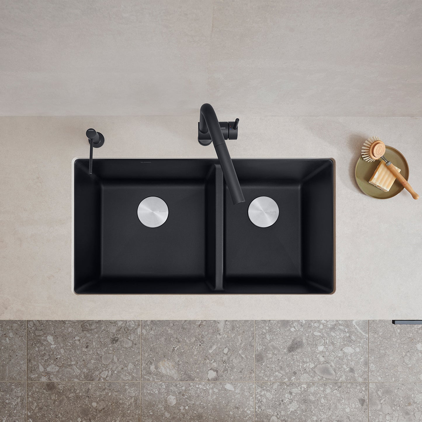 BLANCO Precis SILGRANIT 33" 60/40 Double Bowl Undermount Kitchen Sink on a light countertop.
