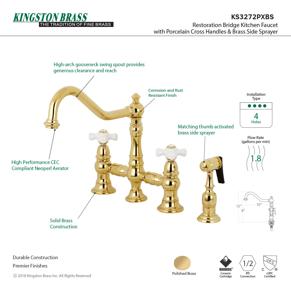 Kingston KS3277PXBS Restoration Bridge Kitchen Faucet with Brass Sprayer, Brushed Brass image showcasing design and features.