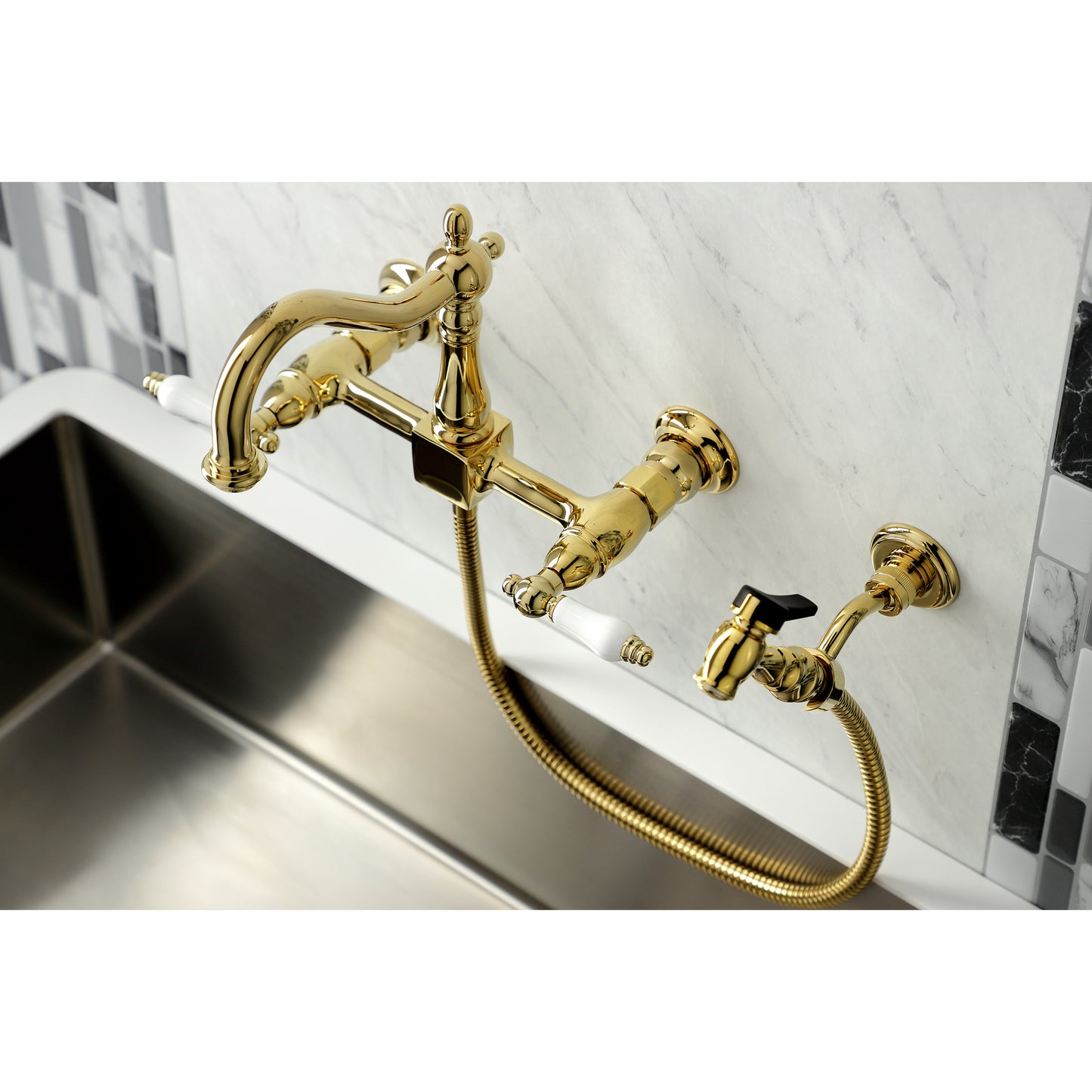 Kingston KS1263PLBS Heritage Two-Handle Wall Mount Bridge Kitchen Faucet with Brass Sprayer, Antique Brass