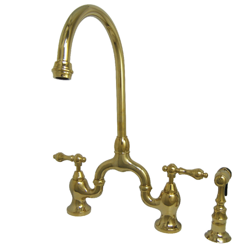 Kingston KS7793ALBS English Country Bridge Kitchen Faucet with Brass Sprayer, Antique Brass in polished brass finish