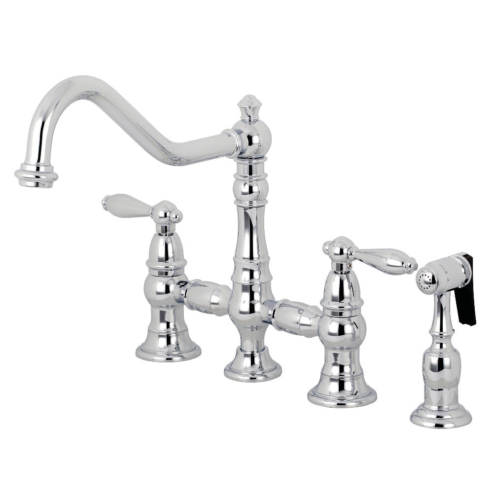 Kingston KS3277ALBS Restoration Bridge Kitchen Faucet with Brass Sprayer, Brushed Brass in polished chrome finish