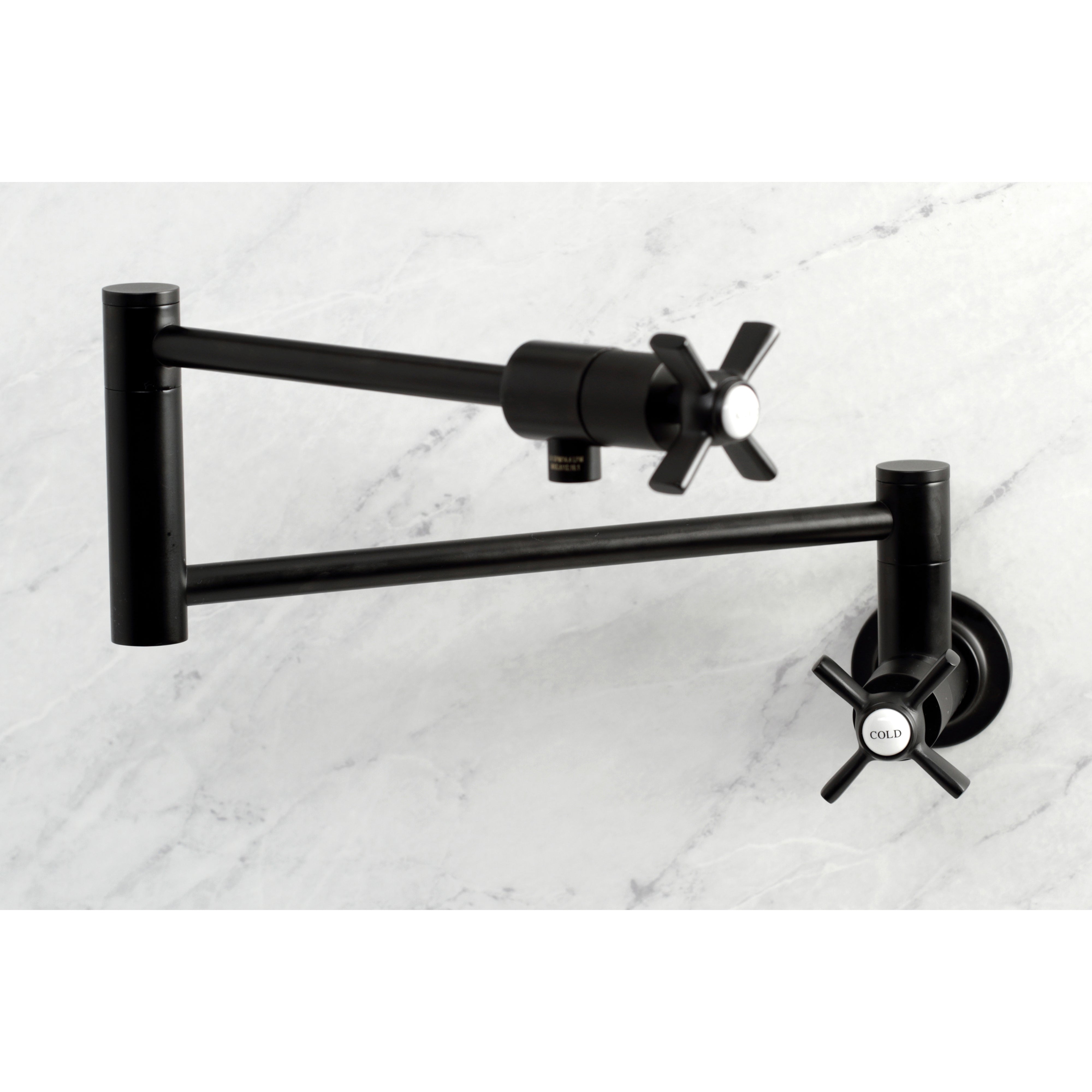 Kingston Brass KS4107ZX Millennium Wall Mount Pot Filler Faucet, Brushed Brass with black finish and dual control handles.