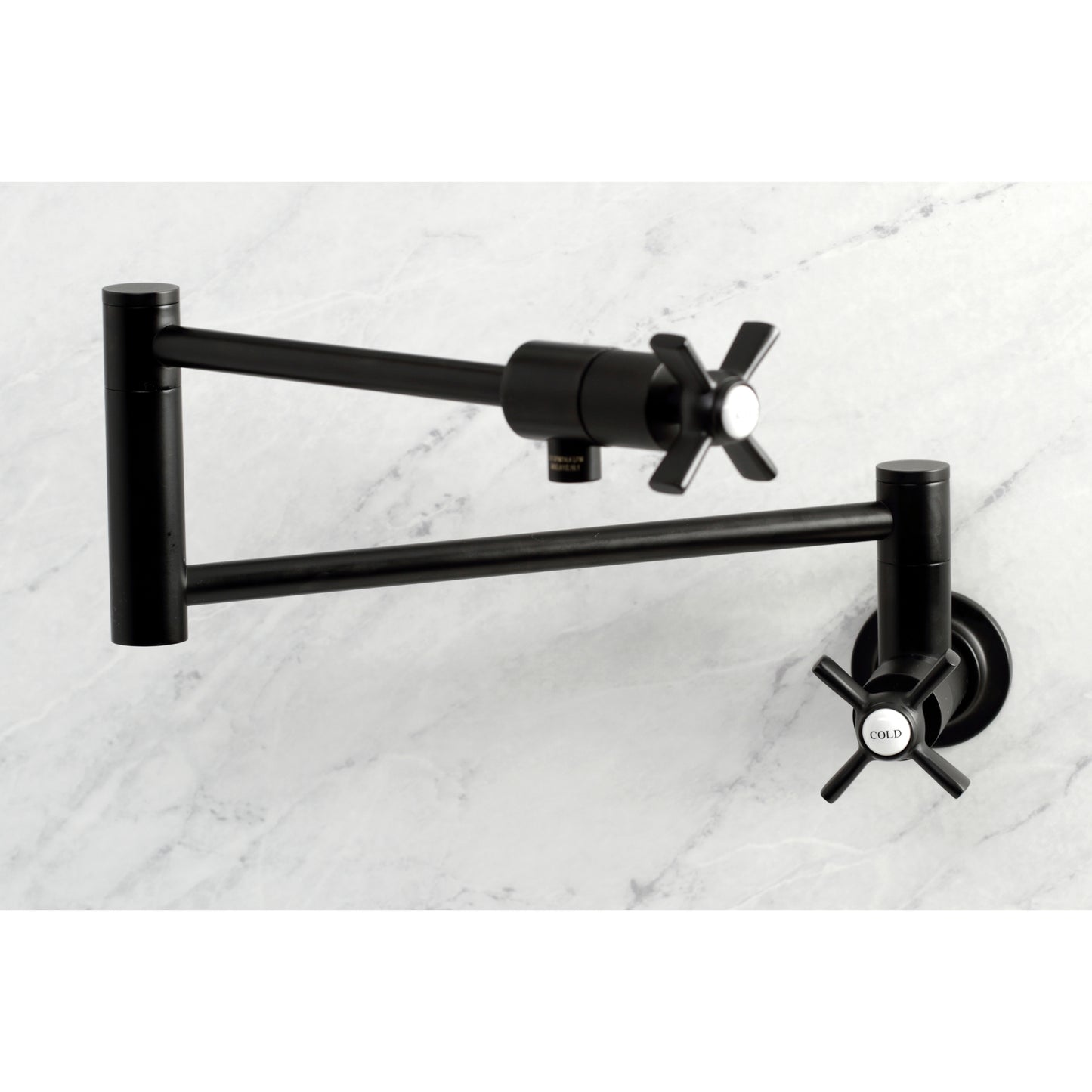 Kingston Brass KS4107ZX Millennium Wall Mount Pot Filler Faucet, Brushed Brass with black finish and dual control handles.