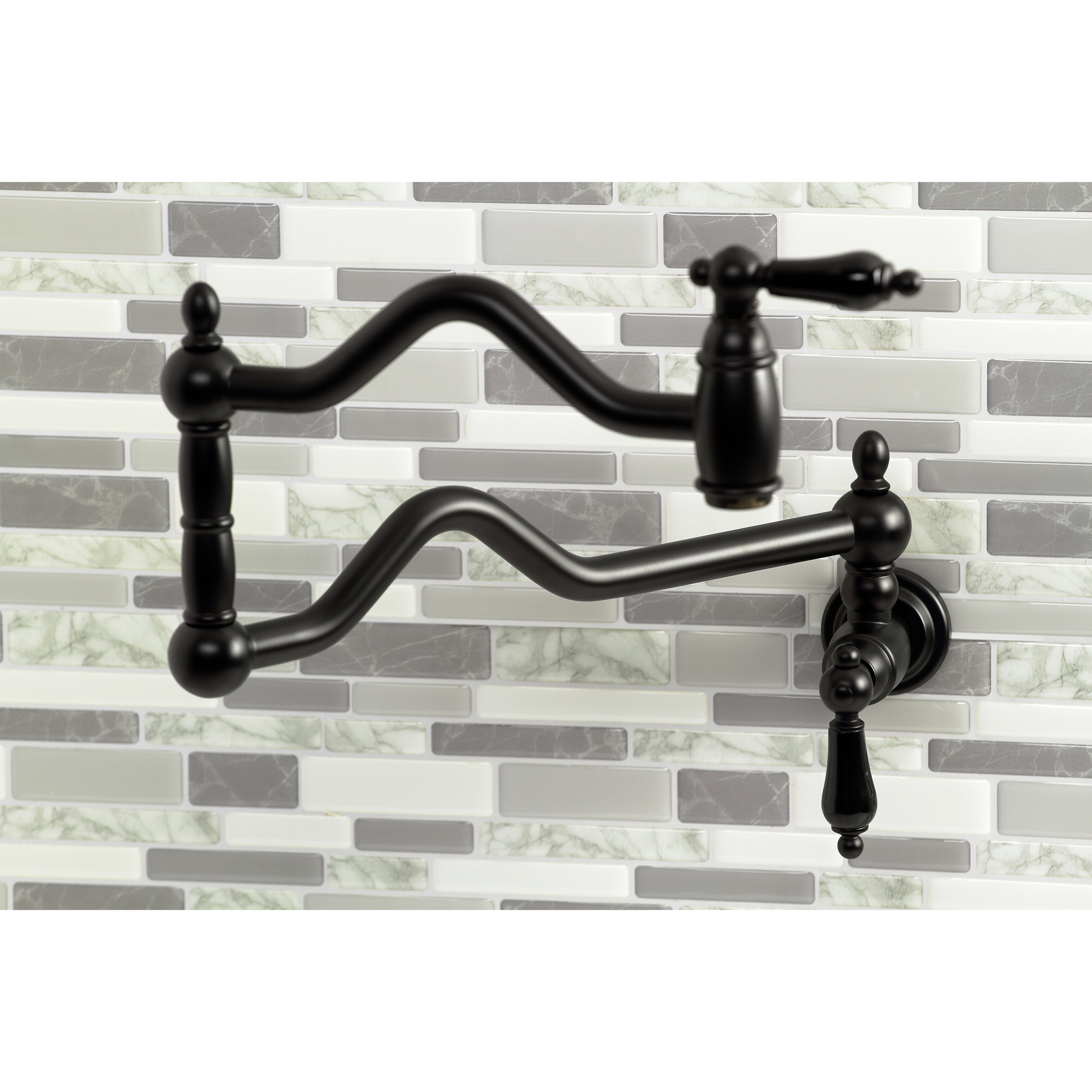 Kingston Brass KS2107PKL Duchess Wall Mount Pot Filler Faucet, Brushed Brass on stylish tiled background.