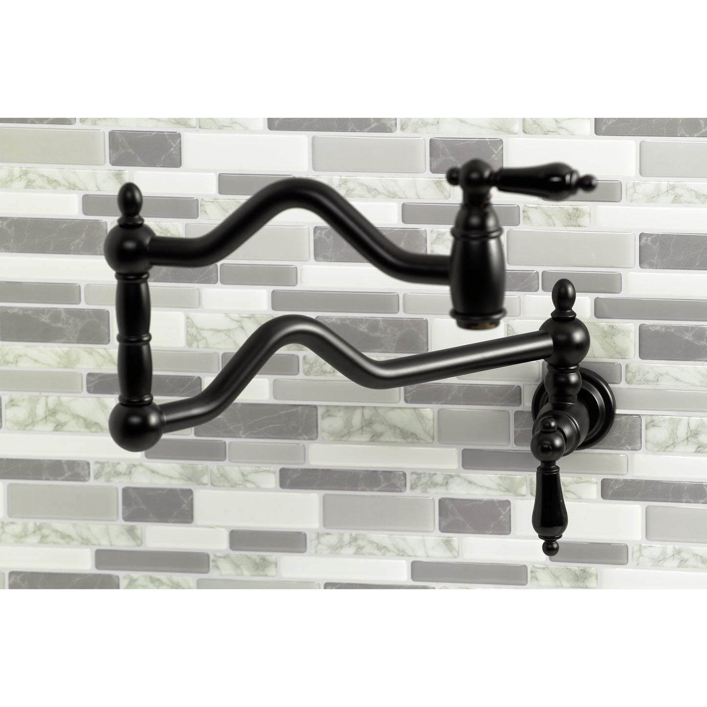 Kingston Brass KS2107PKL Duchess Wall Mount Pot Filler Faucet, Brushed Brass on stylish tiled background.