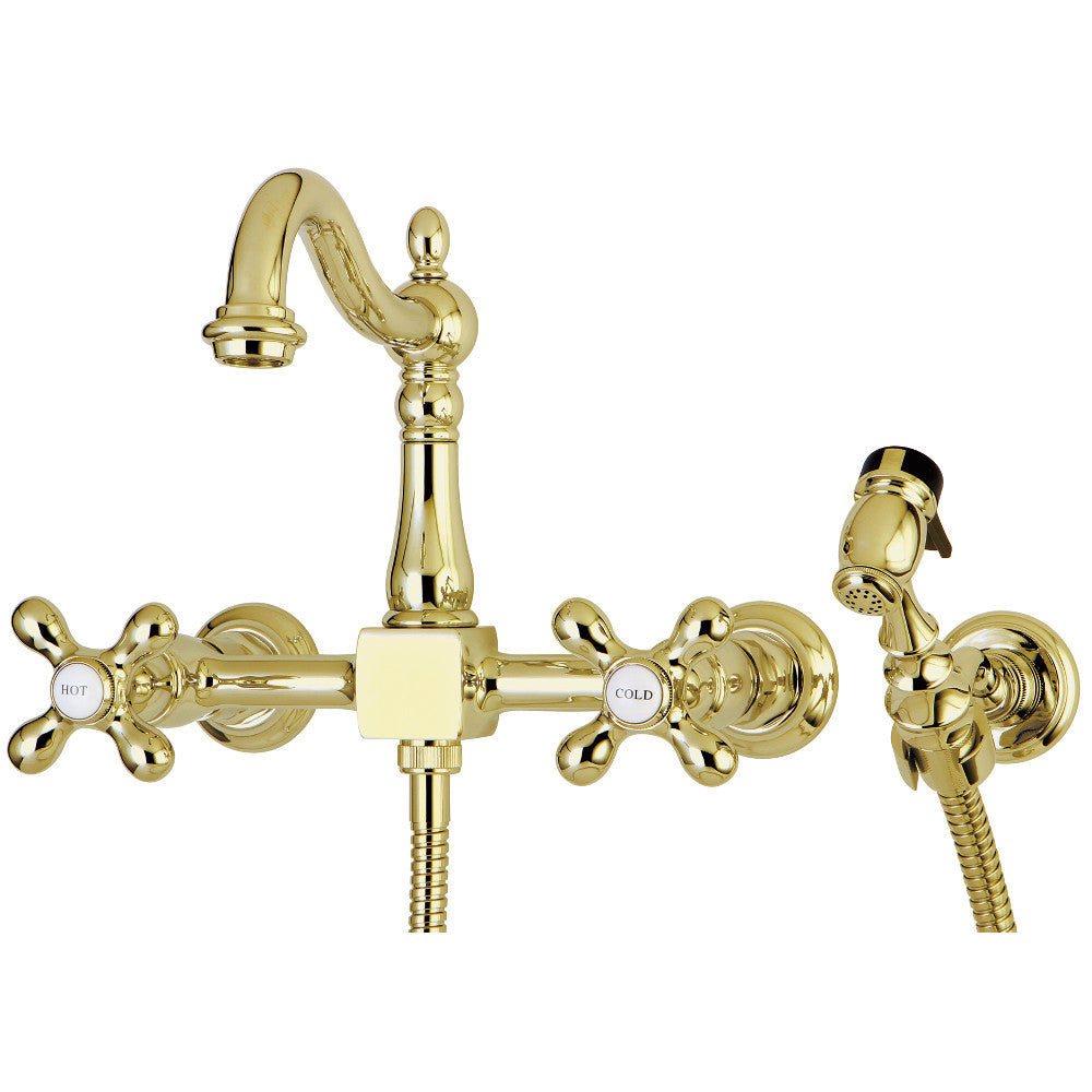 Kingston KS1263AXBS Heritage Two-Handle Wall Mount Bridge Kitchen Faucet with Brass Sprayer, Antique Brass