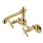 Kingston KS7220BEX Essex Two-Handle Wall Mount Bridge Kitchen Faucet, Matte Black in polished brass finish.