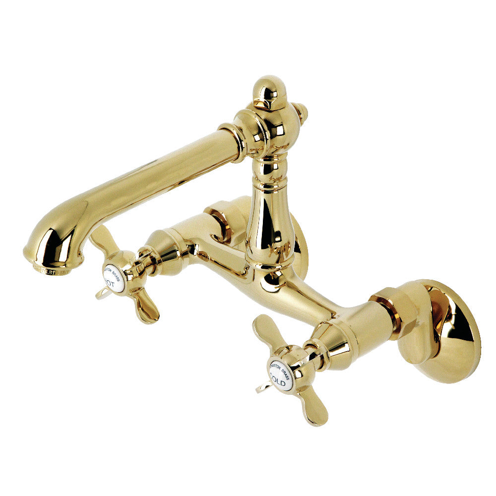 Kingston KS7220BEX Essex Two-Handle Wall Mount Bridge Kitchen Faucet, Matte Black in polished brass finish.