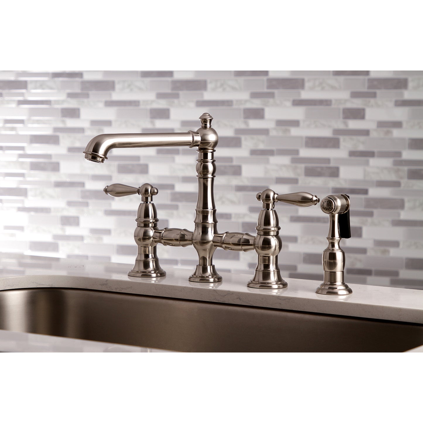 Kingston KS7277ALBS English Country Bridge Kitchen Faucet with Brass Sprayer, Brushed Brass