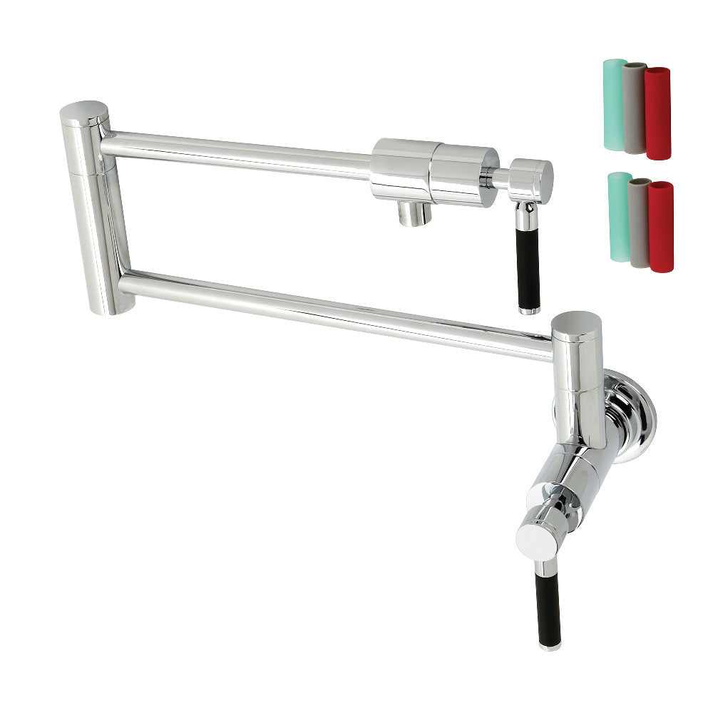 Kingston Brass KS4103DKL Kaiser Wall Mount Pot Filler Faucet, Antique Brass with ergonomic design and black handles.