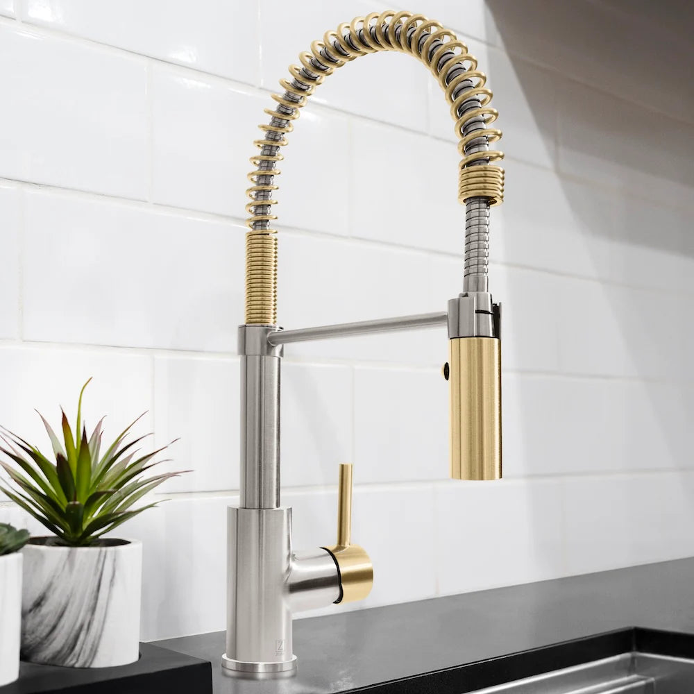 ZLINE Sierra Kitchen Faucet with spring-loaded spray wand showcasing European craftsmanship in a modern kitchen setting.