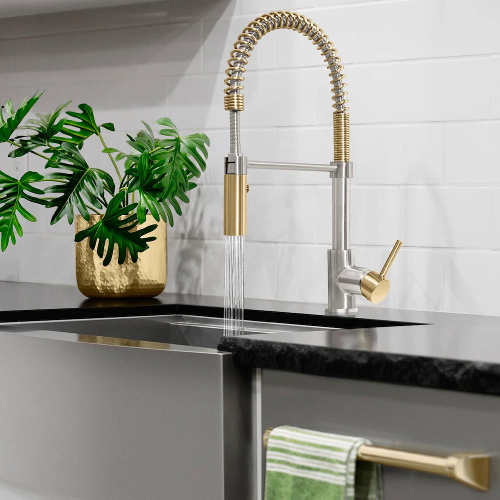 ZLINE Sierra Kitchen Faucet showcasing spring-loaded spray wand in modern kitchen with green plant.