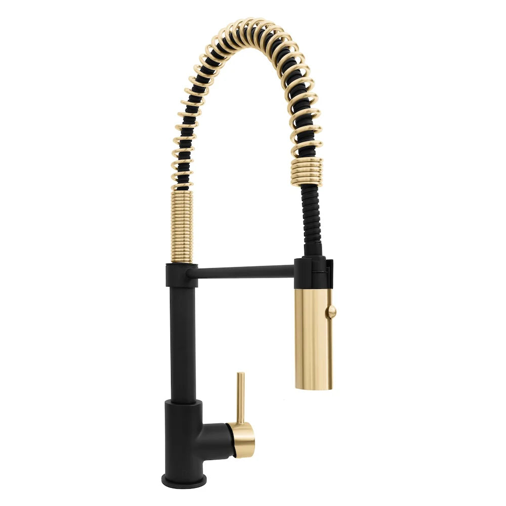 ZLINE Sierra Kitchen Faucet featuring a modern design with a black and gold spring-loaded spray wand.