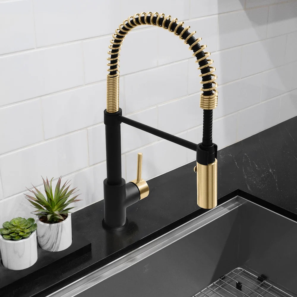 ZLINE Sierra Kitchen Faucet with gold and black finish in a modern kitchen sink setting.