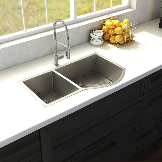 ZLINE Cortina 33" Undermount Double Bowl Sink in Stainless Steel (SC70D-33) installed in modern kitchen with faucet and decorations.