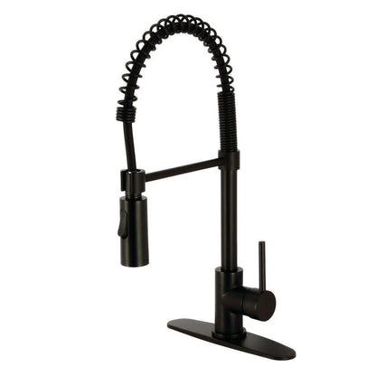 Kingston Brass LS8773DL Concord Pre-Rinse Kitchen Faucet in matte black with an exposed spring design and high-arching spout.