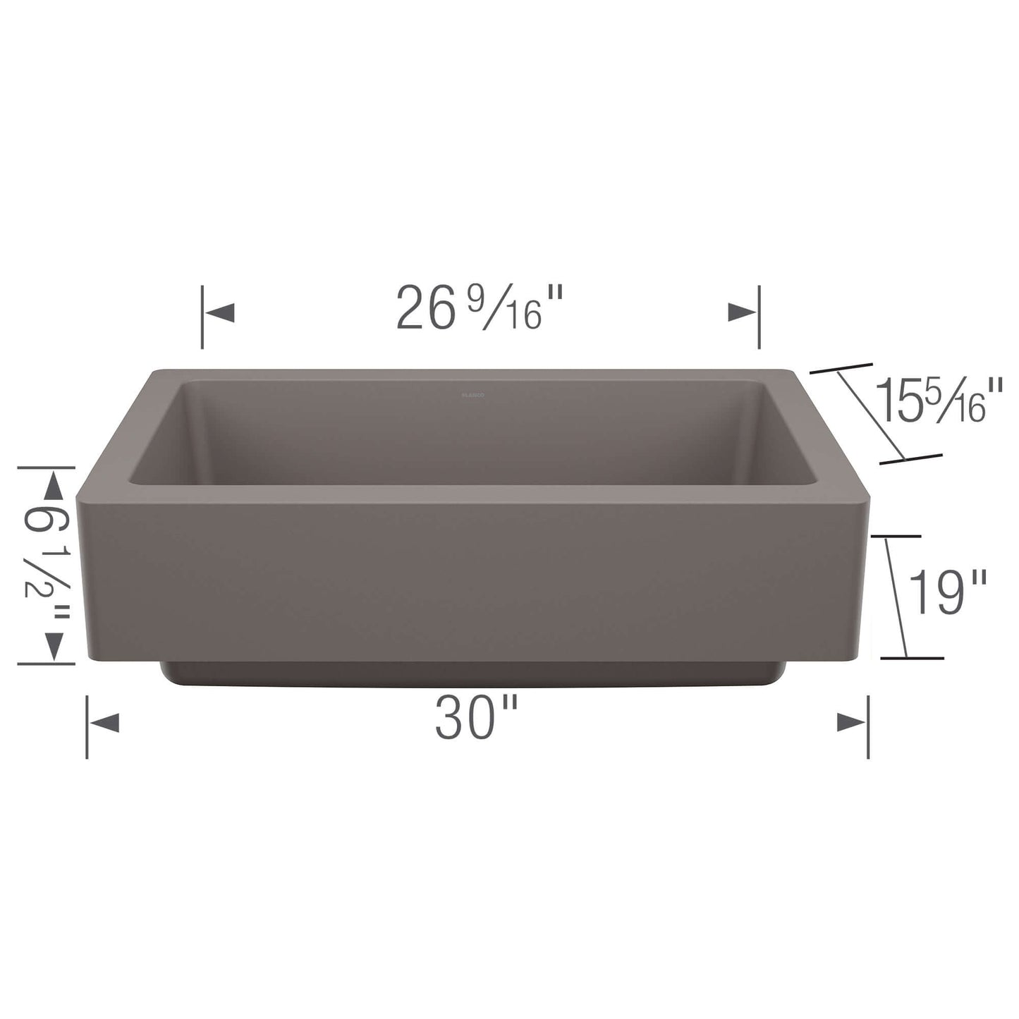 BLANCO VINTERA 30" SILGRANIT Single Bowl Farmhouse Sink dimensions 30" x 26 9/16" x 19" for kitchen designs.