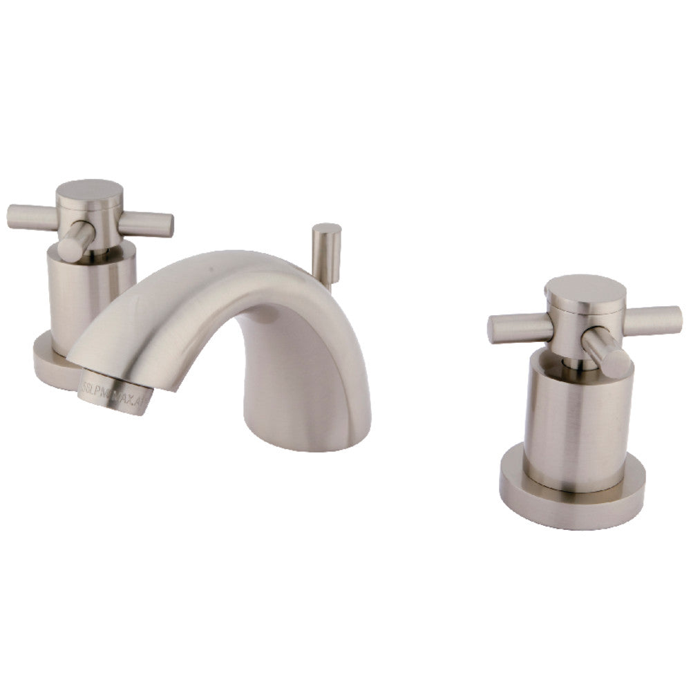 Kingston Brass KS2958DX Concord Mini-Widespread Bathroom Faucet right side view with bold cylindrical styling in brushed nickel.