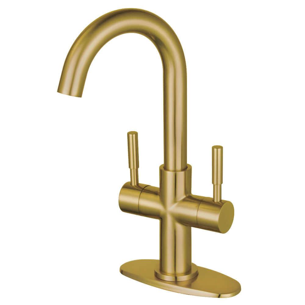 Kingston Brass LS8553DL Concord Double-Handle Bar Faucet, Brushed Brass for modern bar setups with a sleek design.