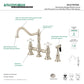 Kingston KS3277PXBS Restoration Bridge Kitchen Faucet with Brass Sprayer, Brushed Brass features high-arch spout and porcelain cross handles.