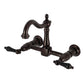 Kingston KS1263PKL Duchess Two-Handle Wall Mount Bridge Kitchen Faucet, Antique Brass with black porcelain handles