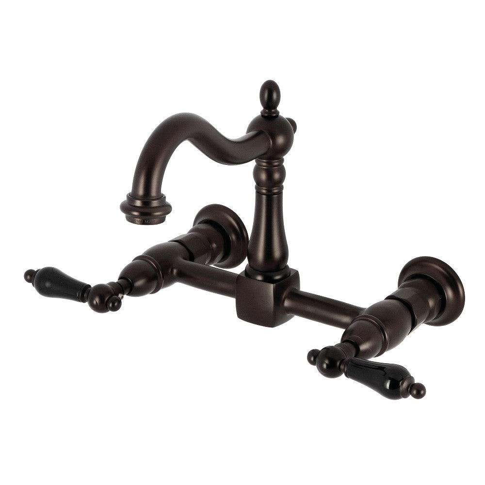 Kingston KS1263PKL Duchess Two-Handle Wall Mount Bridge Kitchen Faucet, Antique Brass with black porcelain handles