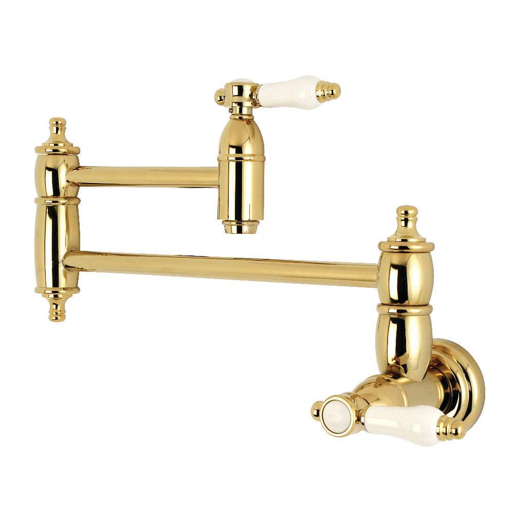 Kingston Brass KS3103BPL Bel-Air Wall Mount Pot Filler Faucet, Antique Brass with white porcelain levers and foldable swing arms.