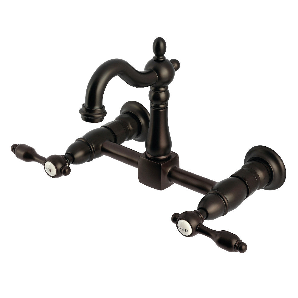 Kingston KS2443TAL Tudor Two-Handle Wall Mount Bridge Kitchen Faucet, Antique Brass in oil rubbed bronze finish
