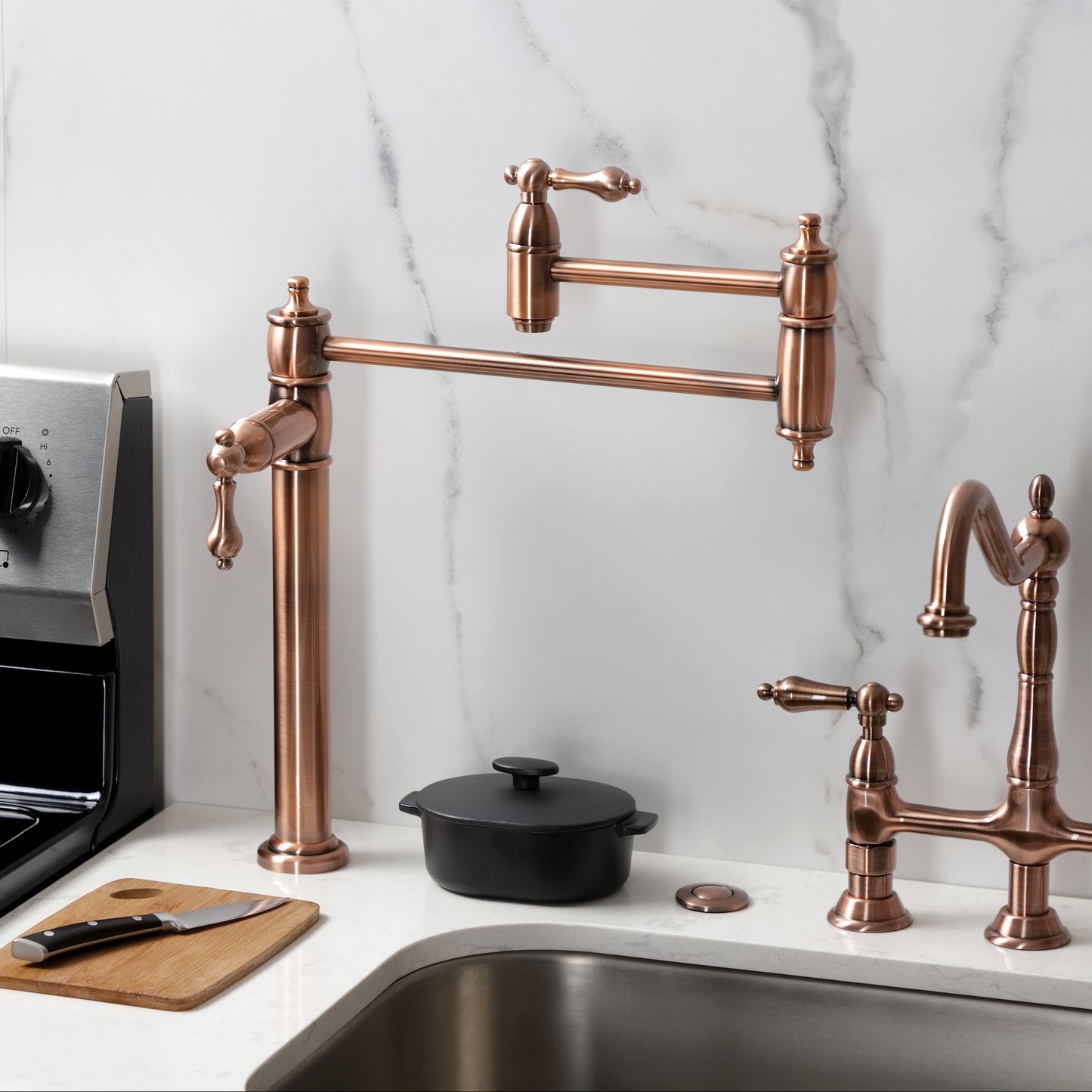 Kingston Brass KS3703AL Restoration Deck Mount Pot Filler Faucet, Antique Brass in kitchen setting.
