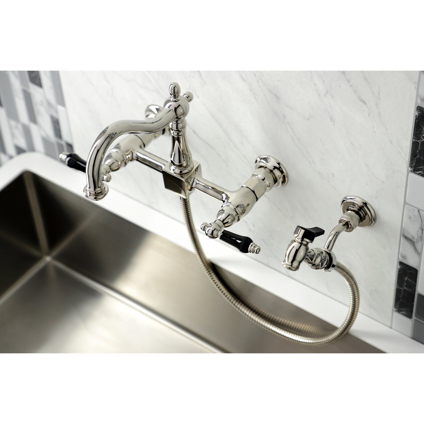 Kingston KS1263PKLBS Duchess Two-Handle Wall Mount Bridge Kitchen Faucet with Brass Sprayer, Antique Brass