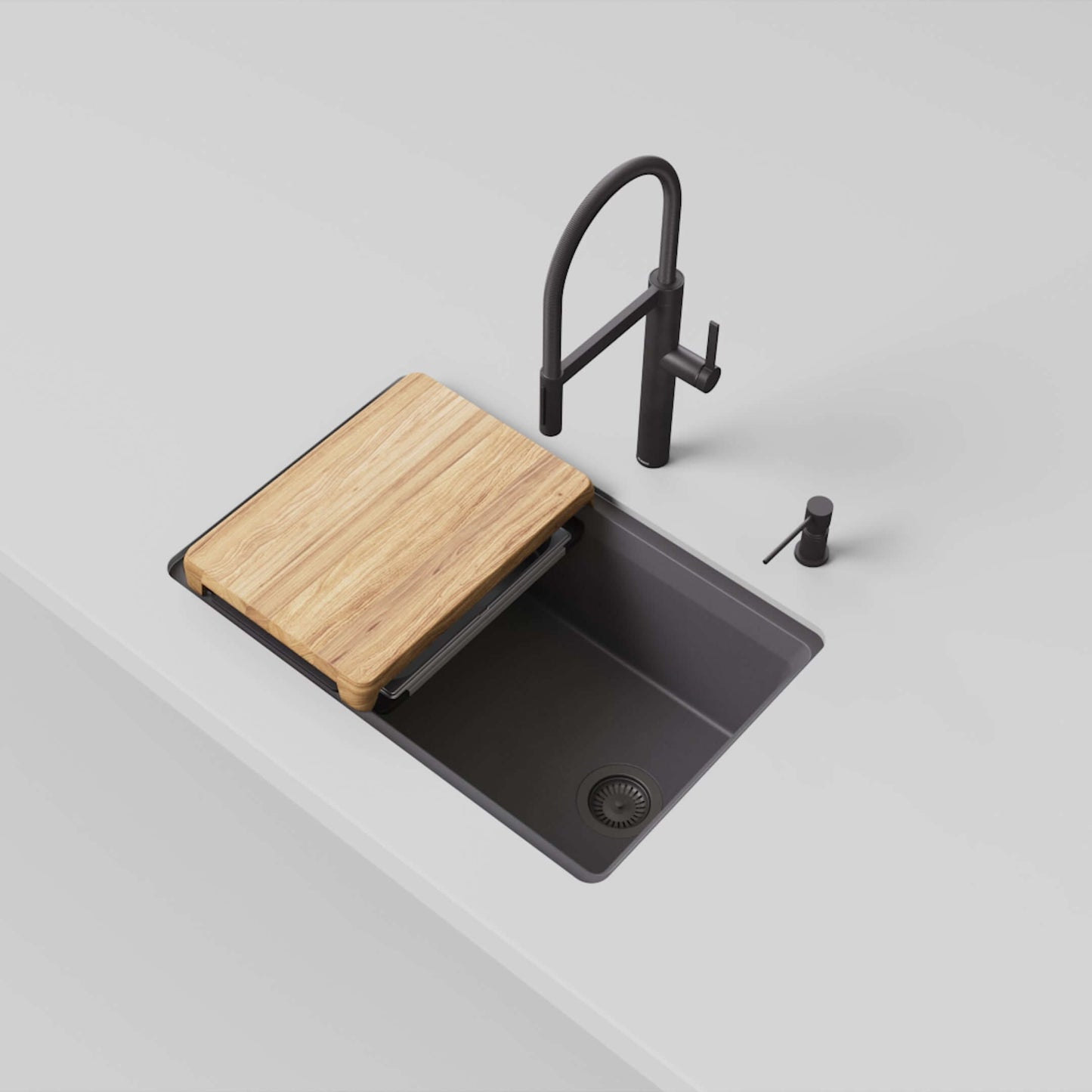 BLANCO Inteos SILGRANIT 30" Single Bowl Reversible Undermount Workstation Kitchen Sink with wood cutting board.