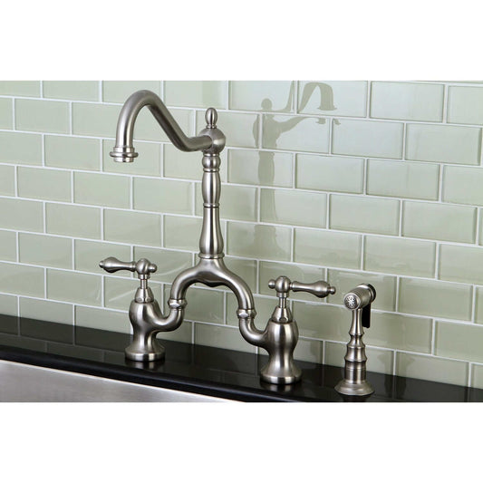 KINGSTON Brass English Country Kitchen Bridge Faucet with Brass Sprayer - Brushed Nickel