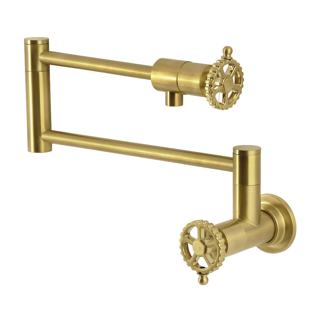 Kingston Brass KS4103CG Fuller Wall Mount Pot Filler Faucet, Antique Brass with foldable swing arms.