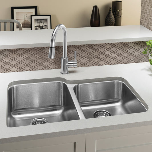 BLANCO Stellar 32" 60/40 Double Bowl Undermount Stainless Steel Kitchen Sink in a modern kitchen setting.