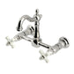 Kingston KS2443PX Heritage Two-Handle Wall Mount Bridge Kitchen Faucet, Antique Brass with white porcelain cross handles
