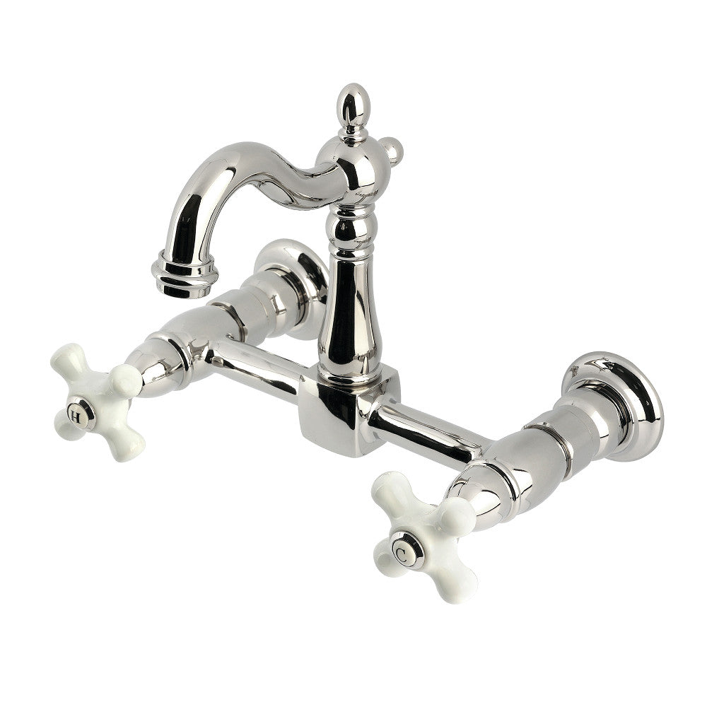 Kingston KS2443PX Heritage Two-Handle Wall Mount Bridge Kitchen Faucet, Antique Brass with white porcelain cross handles