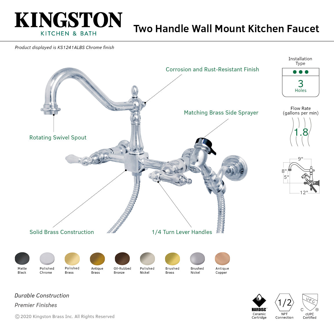 Kingston KS1243ALBS Heritage Two-Handle Wall Mount Bridge Kitchen Faucet with Brass Sprayer, Antique Brass