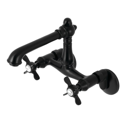Kingston KS7220BEX Essex Two-Handle Wall Mount Bridge Kitchen Faucet, Matte Black with classic Victorian design.