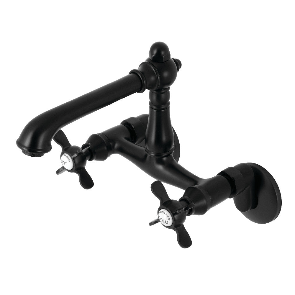 Kingston KS7220BEX Essex Two-Handle Wall Mount Bridge Kitchen Faucet, Matte Black with classic Victorian design.
