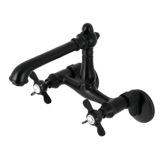 Kingston KS7220BEX Essex Two-Handle Wall Mount Bridge Kitchen Faucet, Matte Black with classic Victorian design.